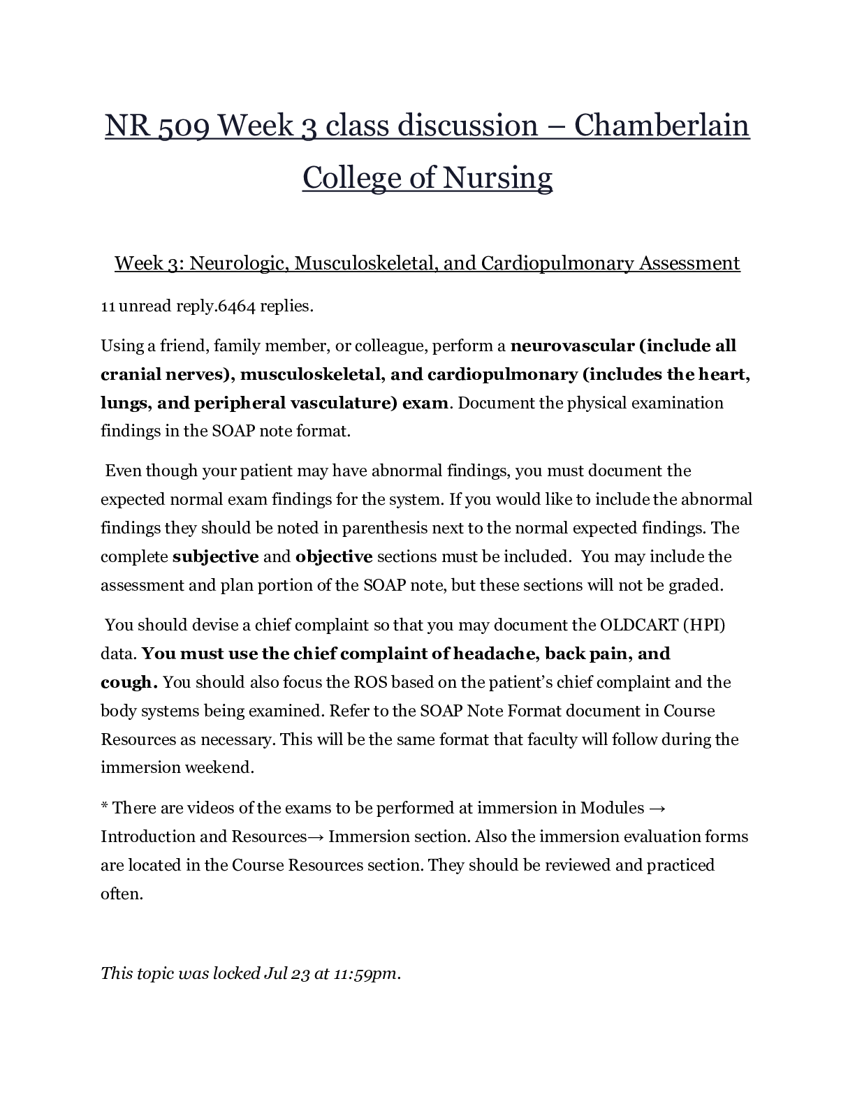Preview image for NR 509 Week 3 class discussion – Chamberlain College of Nursing | Neurologic, Musculoskeletal, and Cardiopulmonary Assessment